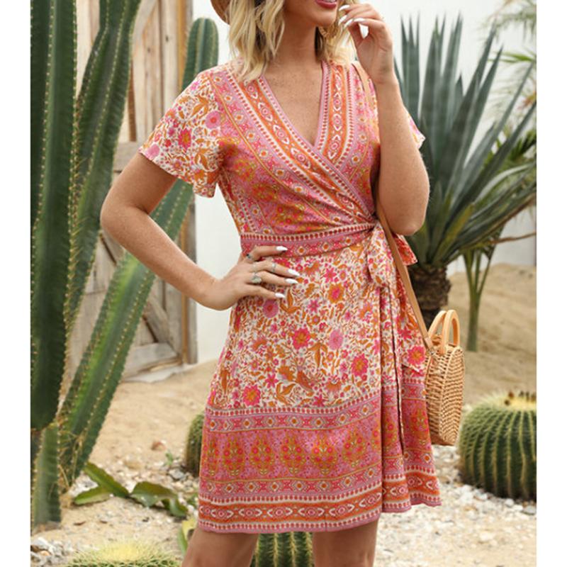 

Floral Printed Rayon Mini Dress Women Boho V-neck Wrap Sashes Short Dresses Summer 2020 Casual Ruffles Hippie Chic Beach Dresses, Orange pink