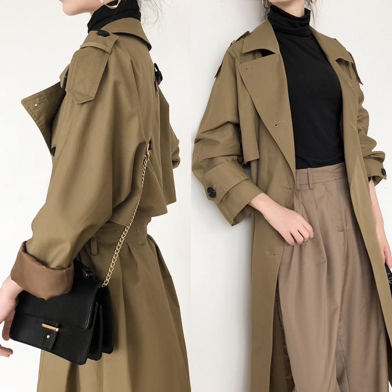 

Autumn and Winter New Casual Trench Coat Women Double Breasted Outwear Soild Chic Female Oversize Trench, Black