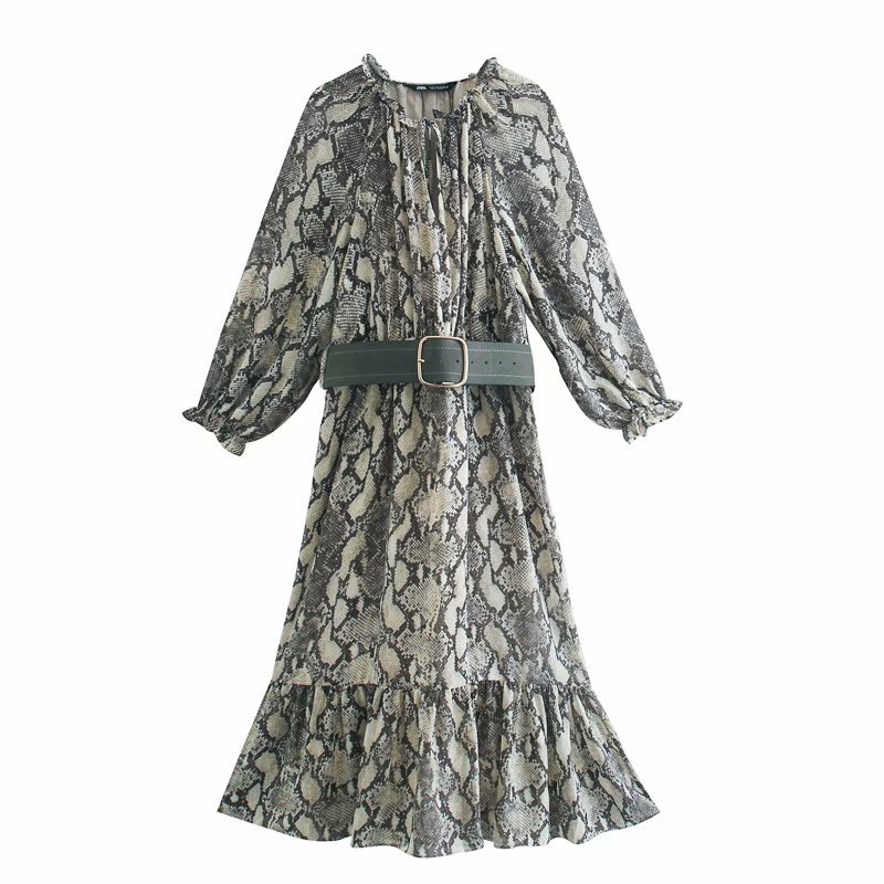 

2021 New Vintage Snake Print Women Long Dresses Summer Fashion Waist Length Flower Neck Women's Dress KUU0, Black