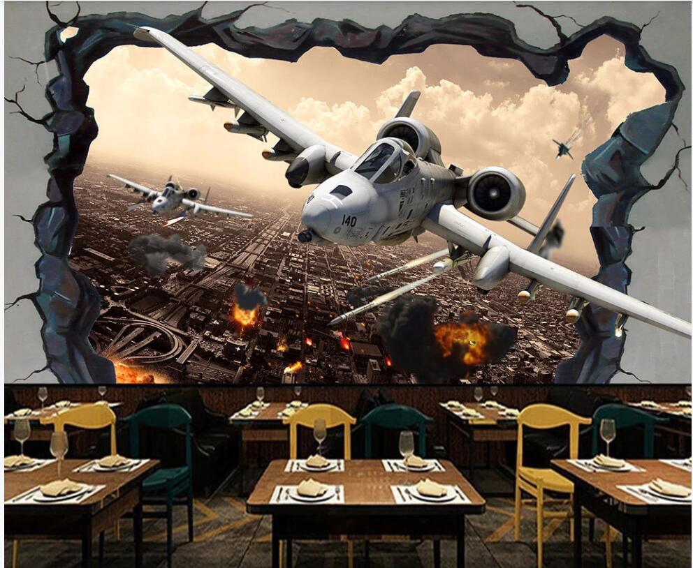 

3d wallpaper custom photo mural Hand painted 3D modern aircraft war through the wall room home decor 3d wall murals wallpaper for walls 3 d, Non-woven wallpaper