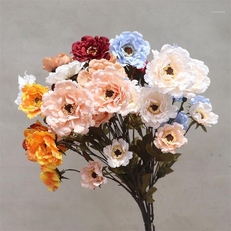 

10P Fake Autumn Peony (6 heads/piece) 31.5" Length Simulation Oil Painting Peonia for Wedding Home Decorative Artificial Flowers1, Blue