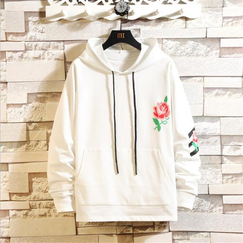

Fashion Streetwear Hoodie Sweatshirt Men Women Funny Rose Print Hoodies Pullover Simple styles Hooded Sweatshirt Male Female, White