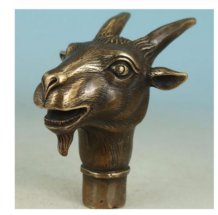 

Collect Bronze Handmade Carving goat Head sheep head Cane Walking Stick Head Statue deer statue