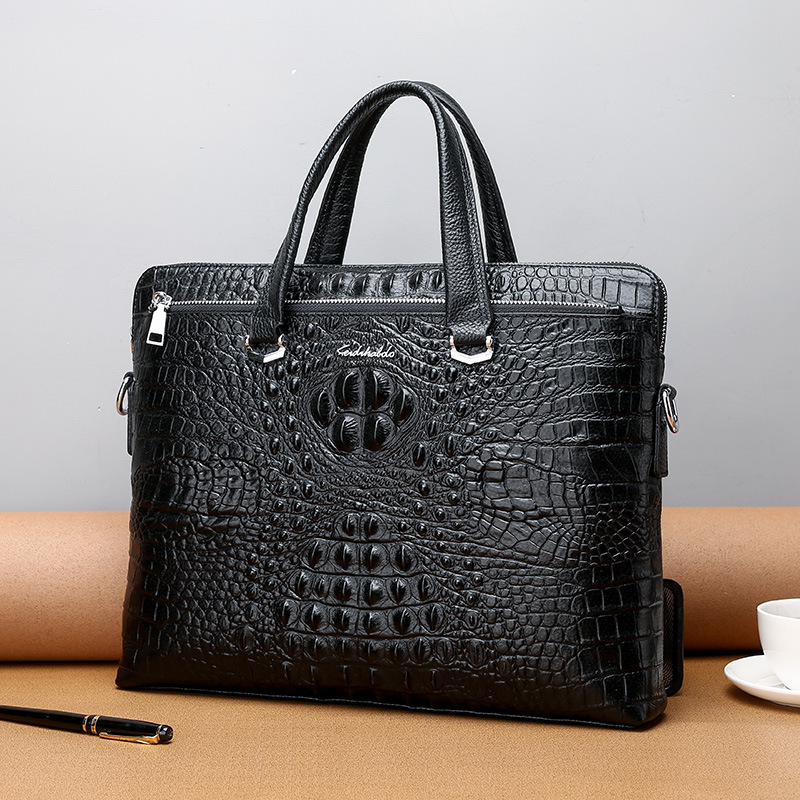 

Wholesale factory men leather shoulder bags horizontal large capacity computer bag classic embossed cowhide handbag European crocodile business briefcase, Black-8191