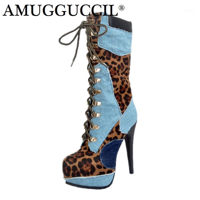 

Boots Customize Plus Big Size 34-52 Blue Red Lace Up Fashion High Heel Platform Females Girl Lady Mid Calf Autumn Women X17141, Black