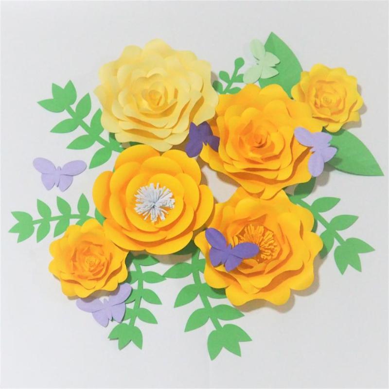 

2021 Yellow 6 Giant Paper Flowers + 6 Butterflies + 8 Leaves For Wedding Backdrop Retail Store Decorations Baby Nursery Shower