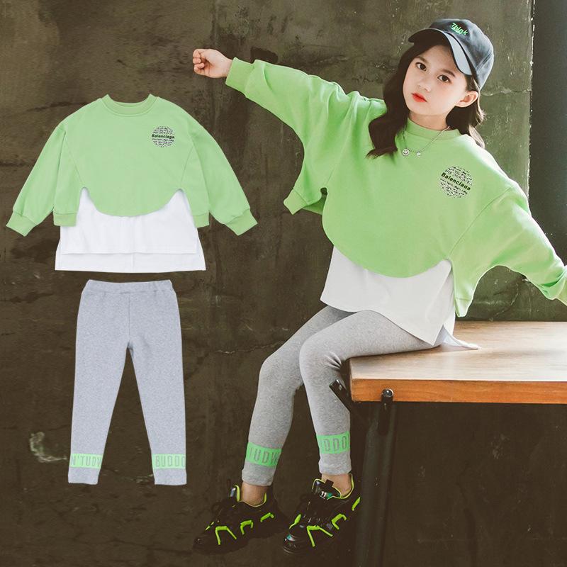 

New Teenage Letters Spring Autumn Warm Children Girls Suit Sweater Jeans 2Pcs/Sets Green Pink Orange Clothing Kids Sport School, Pants