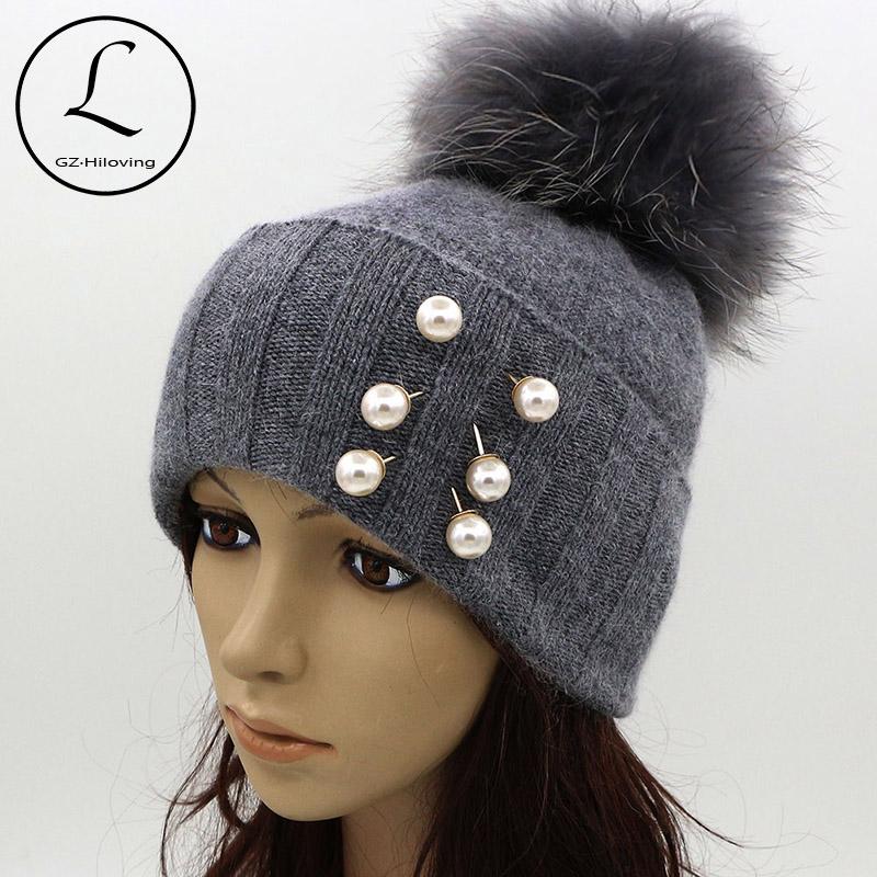 

GZHILOVINGL Pearl Earring Hats For Women Real Ball Gray Knitted Hats With Pearls Decoration Warm Thick Striped Caps Gorros 61123, Red