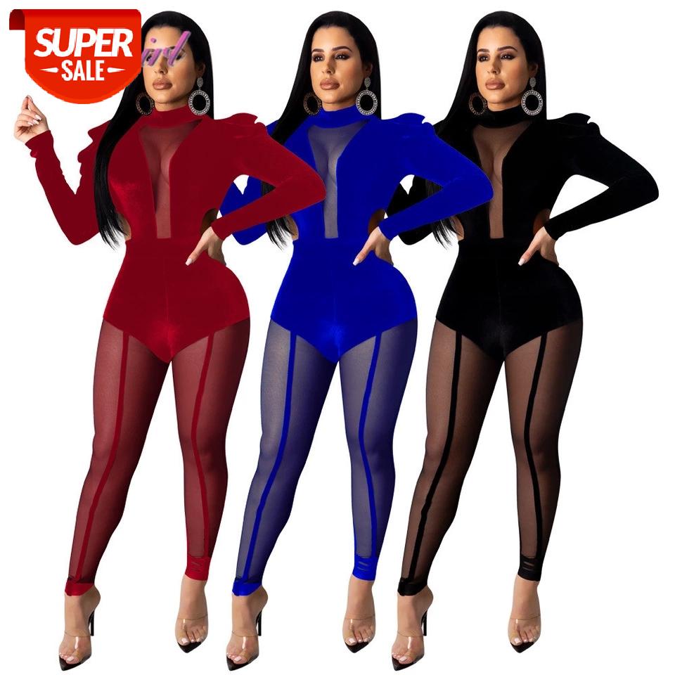 

Sexy Sheer Mesh Patchwork Velvet Hollow Out Backless Night Party Jumpsuit Women Hollow Out Long Sleeve Rompers Outfit Overalls #AS12, Black;white