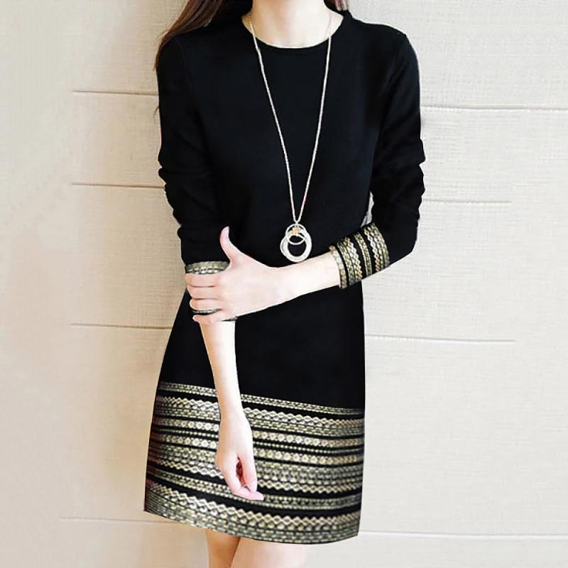 

Fashion Women Digital Printed Round Neck Temperament Long Sleeve Dress Winter Dresses Ropa Mujer Vestidos Robe Femme 2020, Black