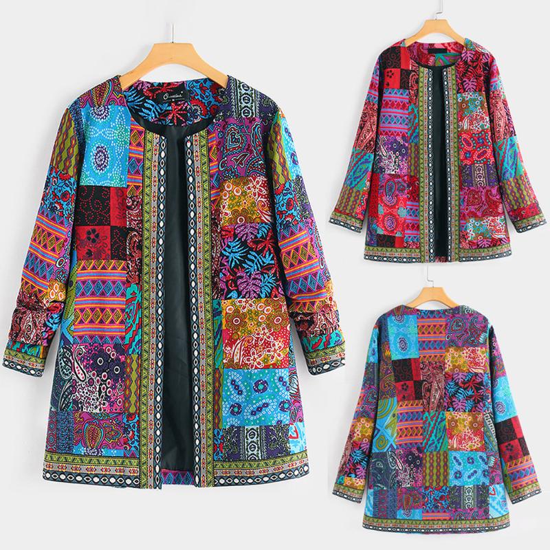 

Fashion Women Winter Vintage Ethnic Style Floral Print Long Sleeve Plus Size Cotton Jacket Coat W1009, Sky blue