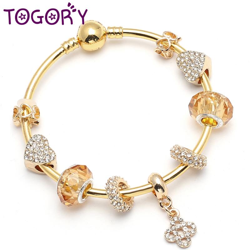 

TOGORY Shiny Glowing Clover Charm Bracelets & Bangles with Gold Color Crystal Beads Brand Bracelets For Women Wife Best Gift