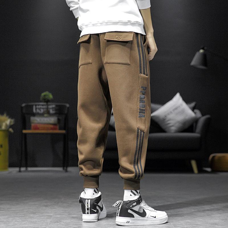 

2020 Winter New Large Size Mens Tie-foot Striped Letter Printing Plus Velvet Thickening Casual Sportspants Pantalones De Hombre, Black