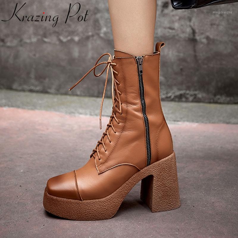 

Krazing Pot 2020 genuine leather vintage platform square toe motorcycle boots keep warm shoes dress brand mid-calf boots L8f51, Black