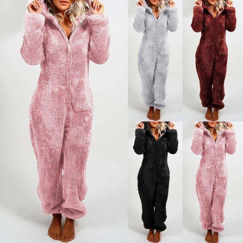 

4XL Women Casual solid color Jumpsuit 2020 Summer Winter Plush Romper Pajamas Long Sleeve Zipper Hooded Thick Warm Jumpsuit, Black