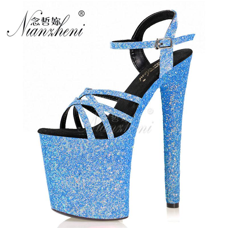 

20CM Super High heeled shoes Narrow band Hollow Models Party Bling Women's Sandals 8 inches Thick platform heels Pole dancing, Style a leather pad