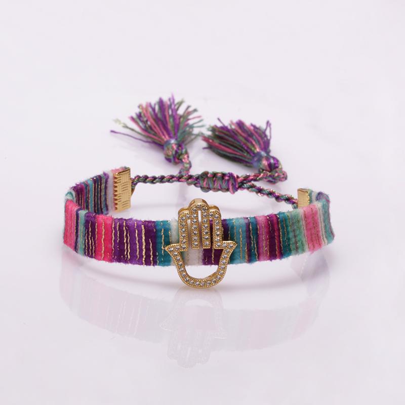 

Charm Bracelets Ethnic Bohemia Soft Cotton Silk Tassel Band Mix Cz Pave Fatima's Hand Luck Protection Adjustable For Woman 2021