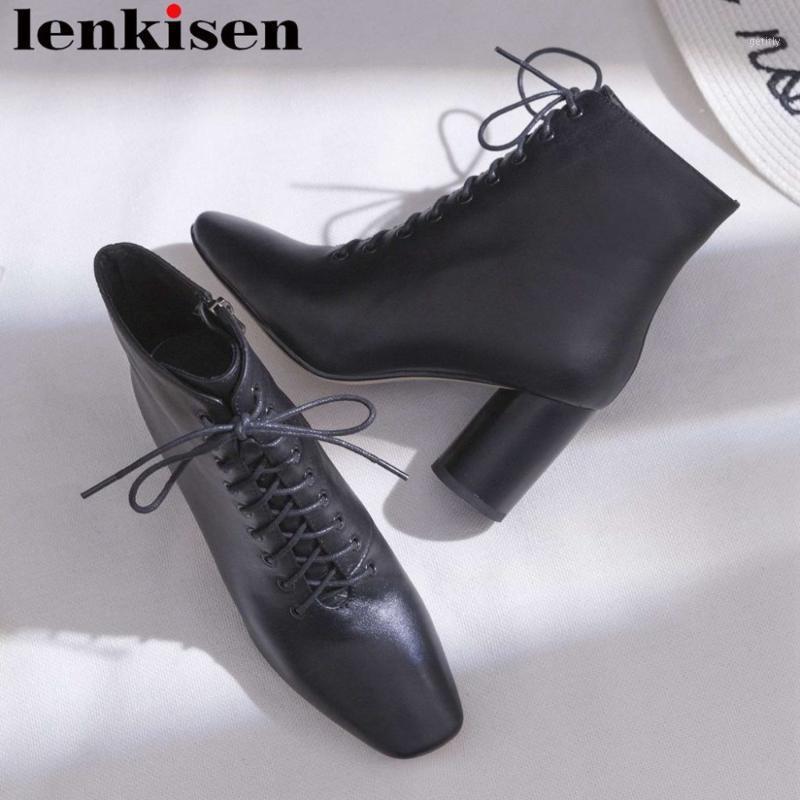 

Lenkisen square toe round high heels office lady genuine leather solid handmade korean girls british style women ankle boots L591, Black