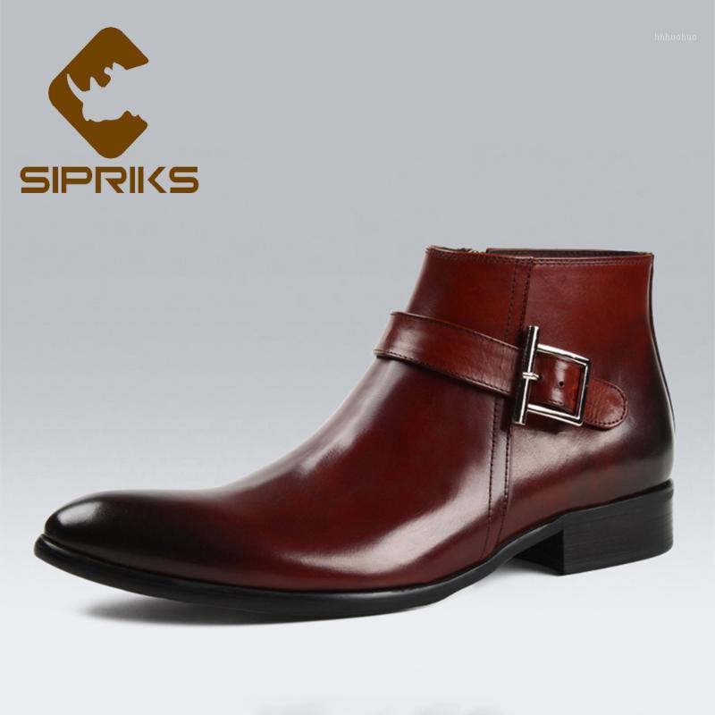 

Sipriks Mens Genuine Leather Red Brown Zipper Boots Fashion Pointed Toe Ankle Boots With Buckle Dress Shoes European Black1, Black