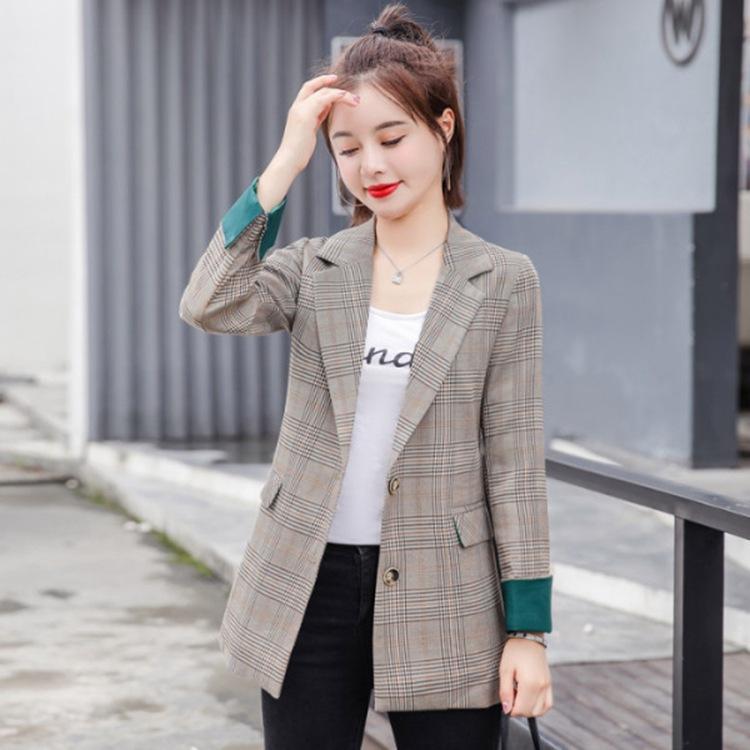 

2020 Women New Style Casual Checkered Single-Breasted Blazer Korean Style Ladies' Plaid Coat Blazer Women Jacket, Gray