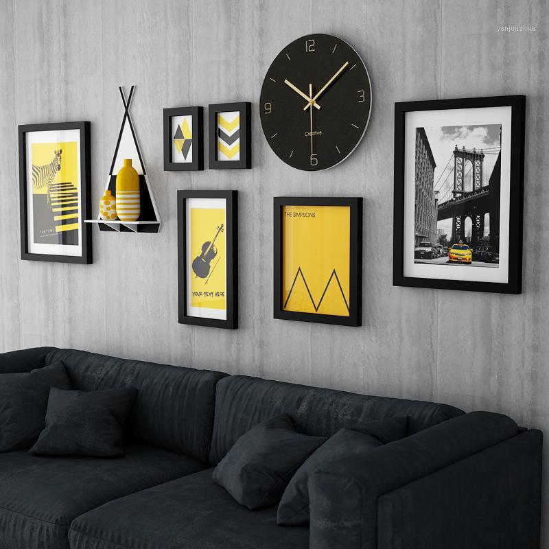 

Classic Photo Frame Wall Decoration European Style Home Design Wooden Picture Frame Set with Clock Modern Painting, Black White1