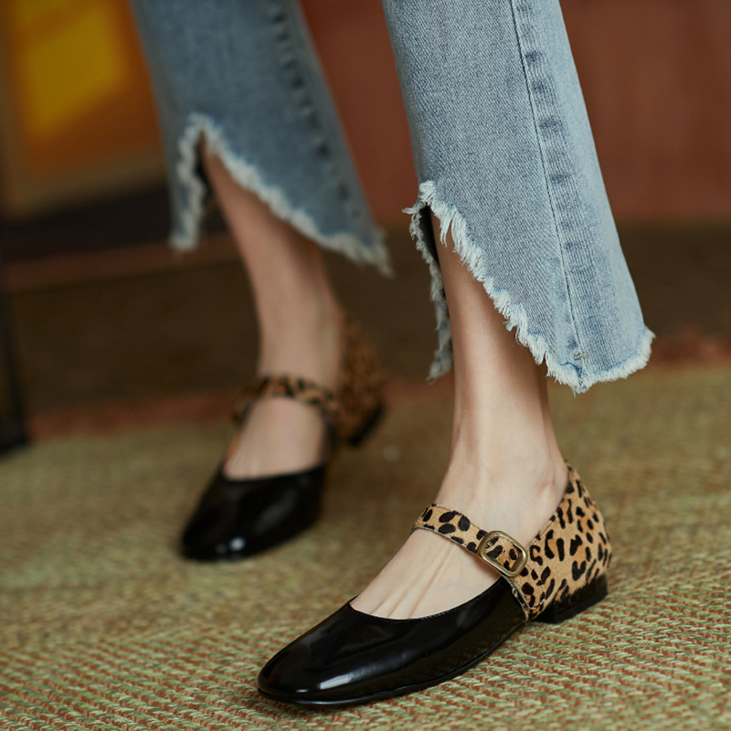 

2020 Crine Leopard Print Design + Genuine Leather Woman Spring Comfortable Fashion Low Heel Shoes Kitten Heels Hwtn, Black