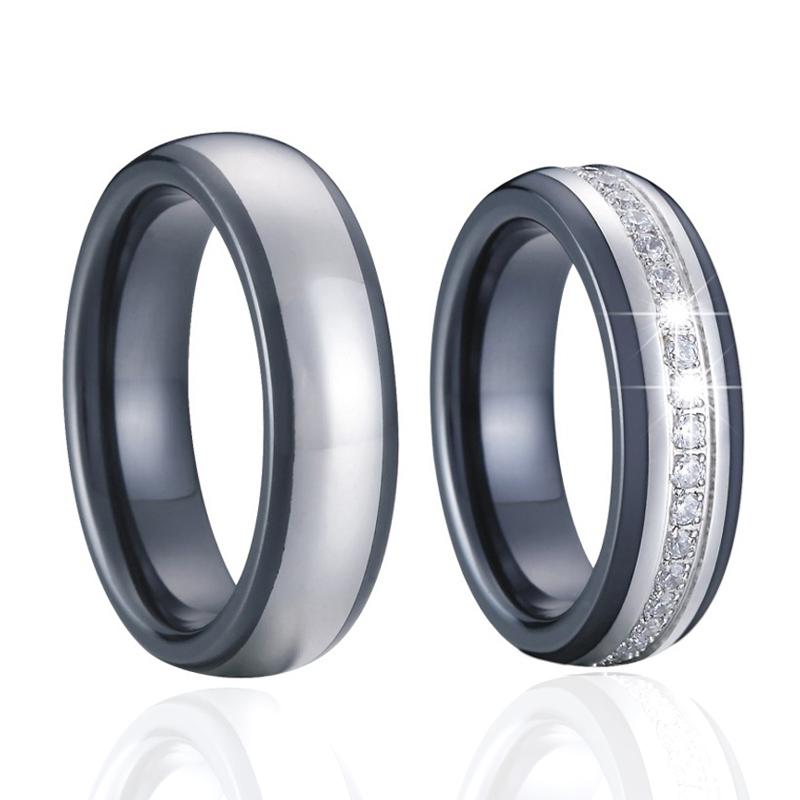 

Alliances Cubic zirconia Anniversary couple rings for women handmade black ceramic titanium wedding band men ring