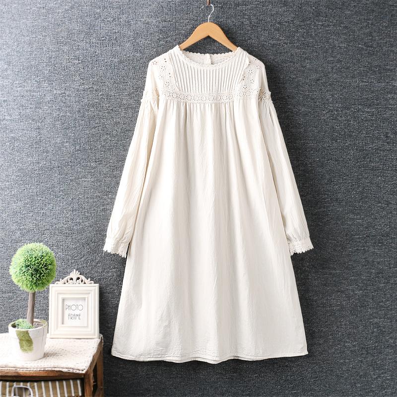 

New Spring solid embroidery floral dress loose Long Sleeve Dress, White