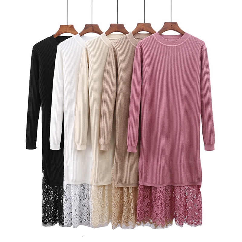 

2021 New Lace Stitching Sweater Women Autumn Winter Long Straight Dress Knitted Dresses Maxi Retro Lady Ribbed Robe Pullover Dres 6oyf, Purple m0290