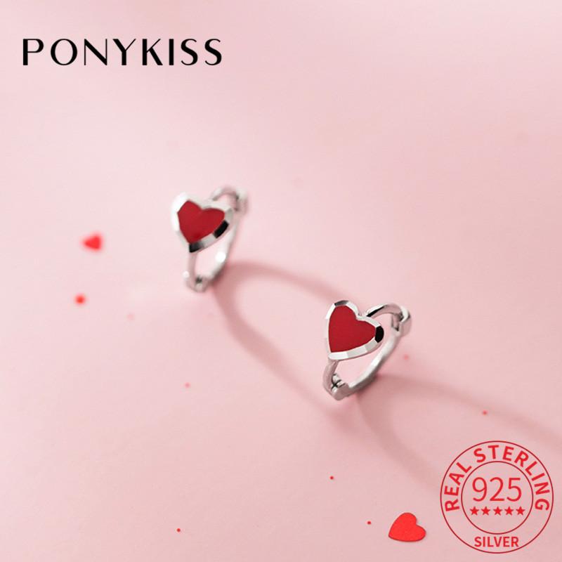 

PONYKISS Romantic 925 Sterling Silver Red Heart Minimlist huggie Hoop Earrings for women Party Jewelry Accessory wholesale Gift