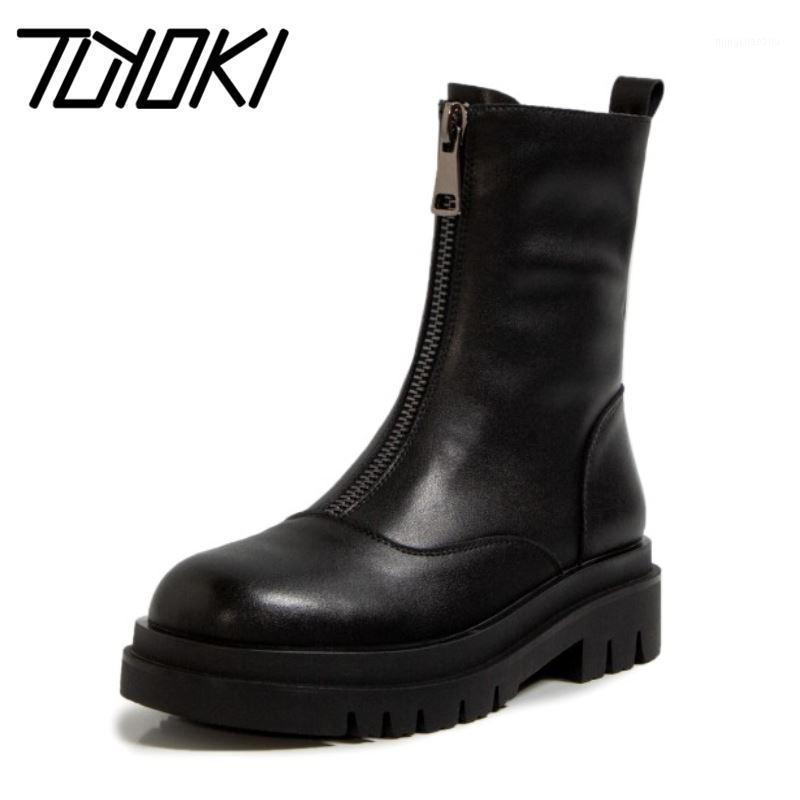 

Tuyoki Real Leather Women Mid Calf Boots Front Round Toe Shoes Winter Warm Boots Women Fashion Party Footwear Size 34-401, Black