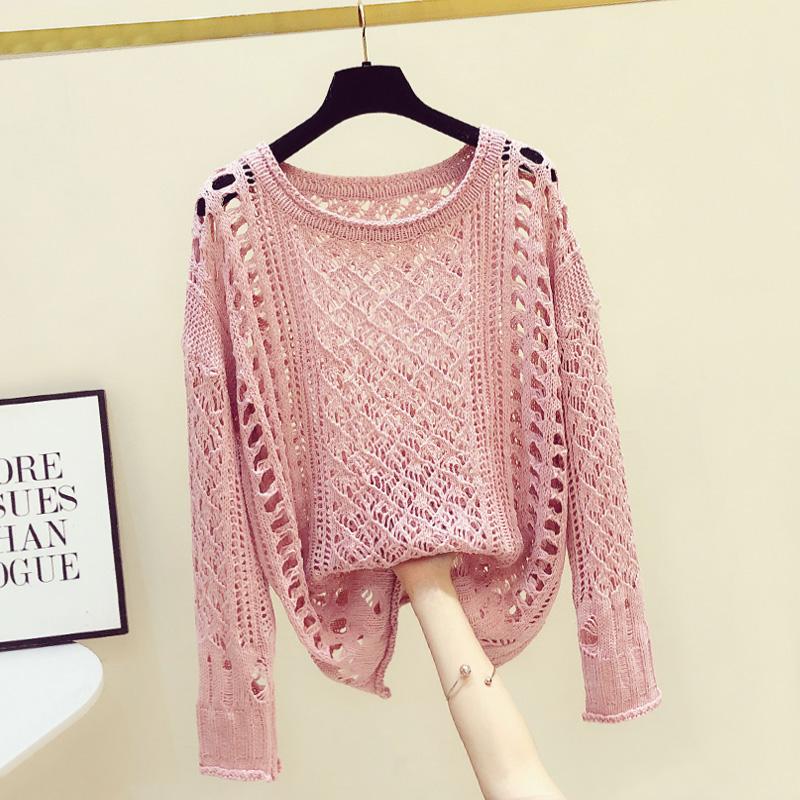 

2020 Autumn New Fashion Loose Hollow Out Thin Knitted Sweater Korean Casual Long Sleeve Curling Sweaters for Women Knitwear Tops, Pink
