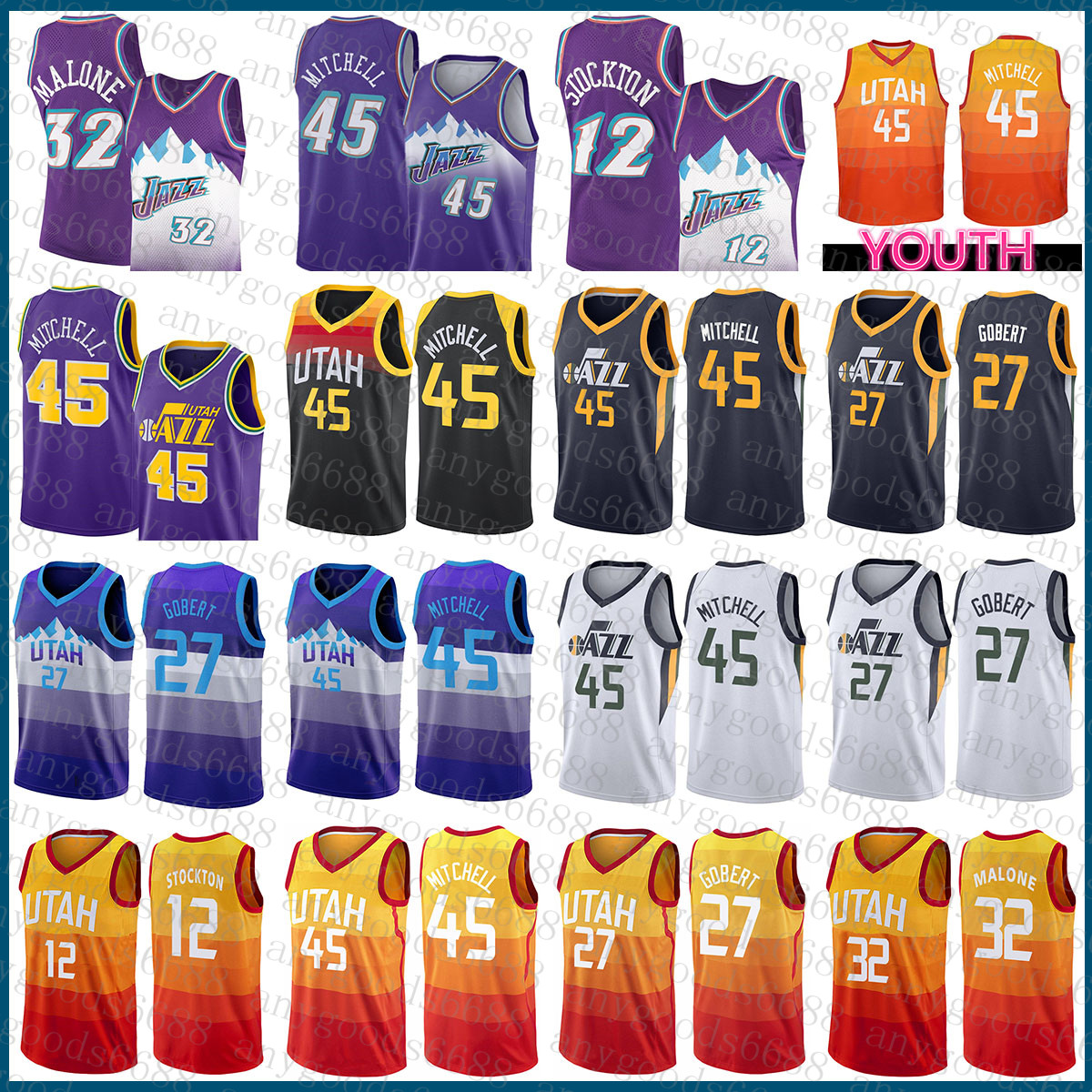 

Utahs Jazzs Basketball Jersey 32 12 Donovan Mitchell Rudy Gobert 2021 2022 New 45 27 John Stockton Karl Malone Army Green