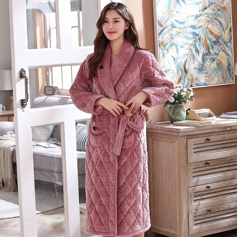 

Women Long Warm Three Layers Quilted Coral Fleece Bathrobe Winter Thick Flannel Thermal Robe Kimono Dressing Gown Bride Peignoir, Sj2639