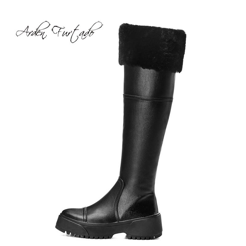 

Arden Furtado Fashion Women's Shoes Winter genuine leather Ladies Boots Mature casual flat platform Knee High Boots snow, Black