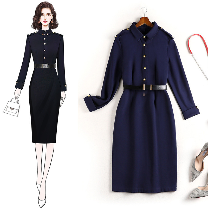 

5xl Plus Size Wear Europa Season Temperament 2021 New Fall Fashion Style Dress Ladies 10864 27hv, Navy