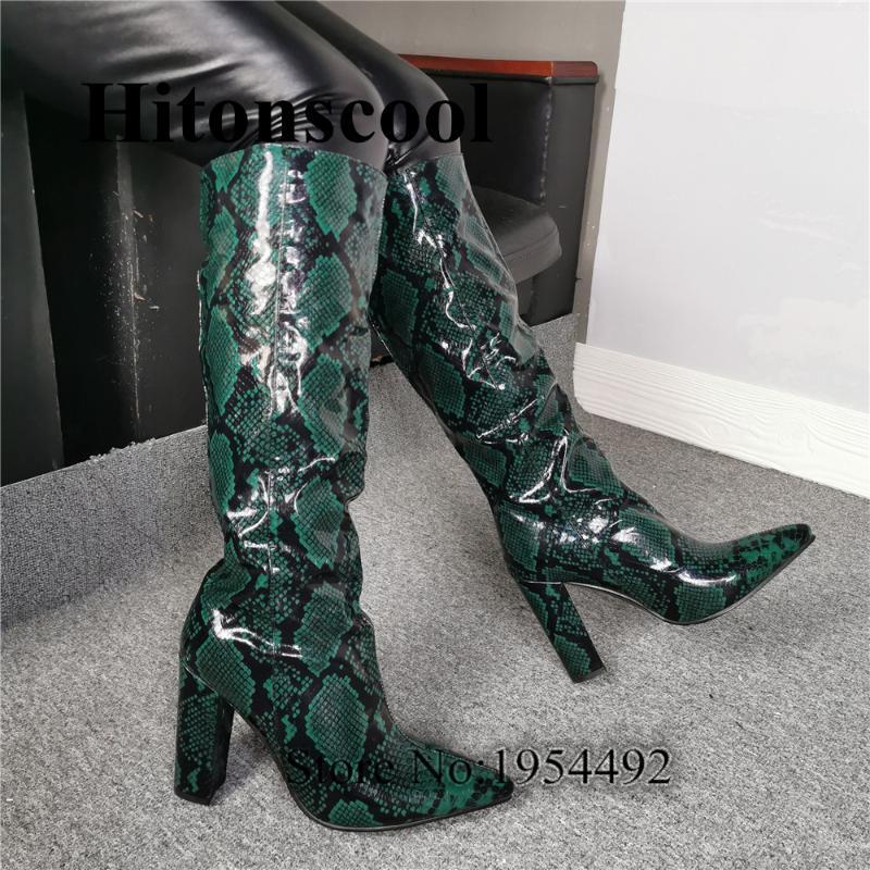 

Women Green Snakeskin Over the Knee Boots Runway Street Pointed Toe High Heels Boots Matching Nightclub Knee High Boot Mujer1