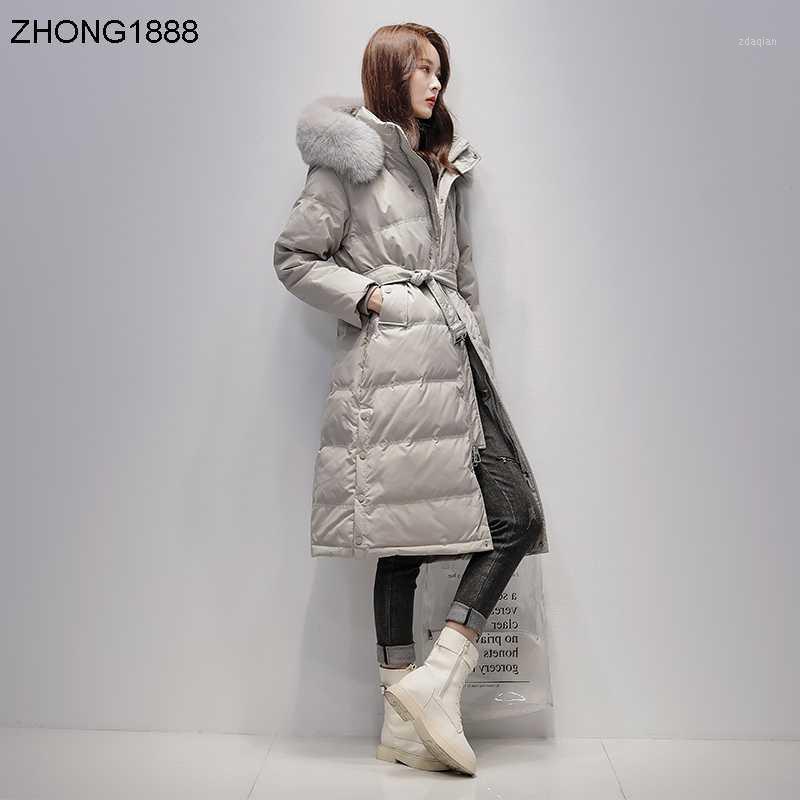 

Off season sale down jacket women 2020 fashion new big real fur collar thick and warm long outerwear gray belt solid hooded1, See chart