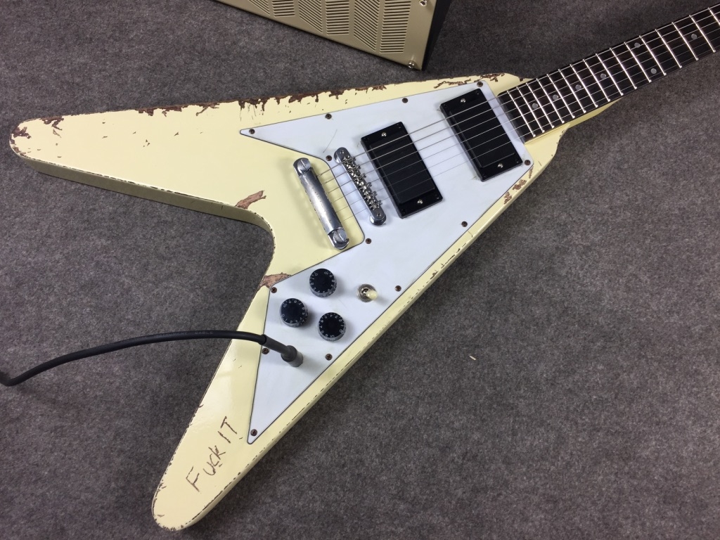 

Rare 1976 James Hetfield Metallica Kill 'Em All Olympic White Heavy Relic Flying V Electric Guitar, Copy EMG Pickups, Chrome Hardware