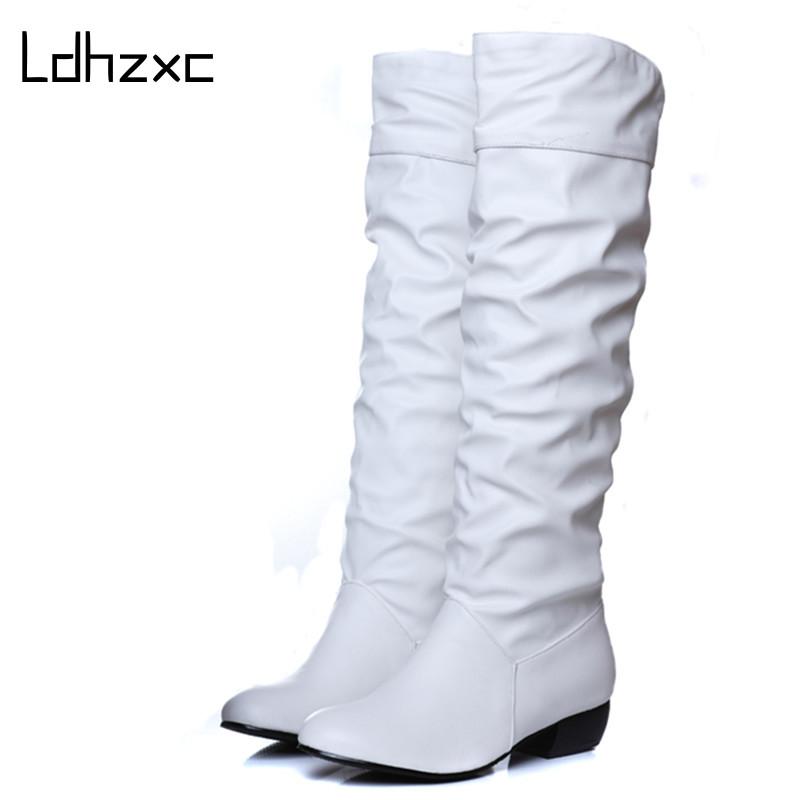

LDHZXC fashion hot sale new arrive women boots black white brown low heel knee boots slip on autumn winter ladies high
