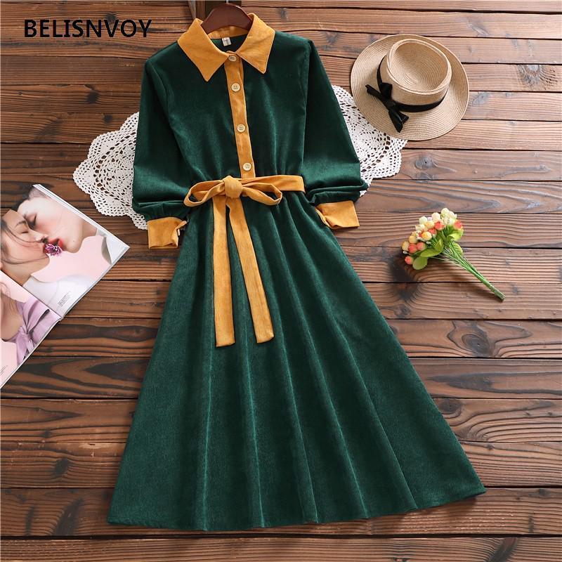 Women Green Retro Autumn Winter Dresses Female Corduroy Vintage Patchwork Knee-Length Office Lady Dresses Chic Elegant Vestidos 201125Z