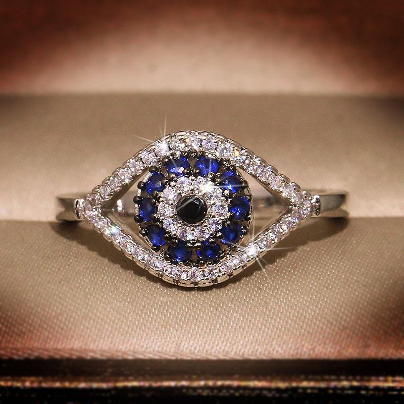 

Punk Female Blue Crystal Stone Ring Charm Zircon Silver Color Wedding Rings For Women Dainty Evil Eye Hollow Engagement Ring