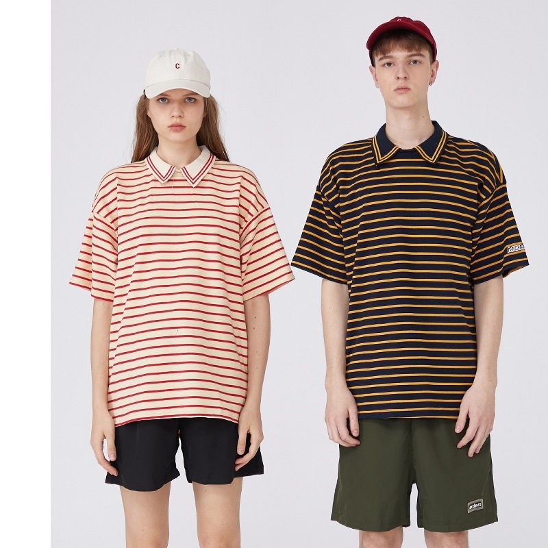 

Men Casual T-shirt Striped Loose Turn-down 2020 Summer New Male Tee Shirts Cotton Short Sleeve Oversize Tshirt Streetwear Couple, Heyh0183 blue