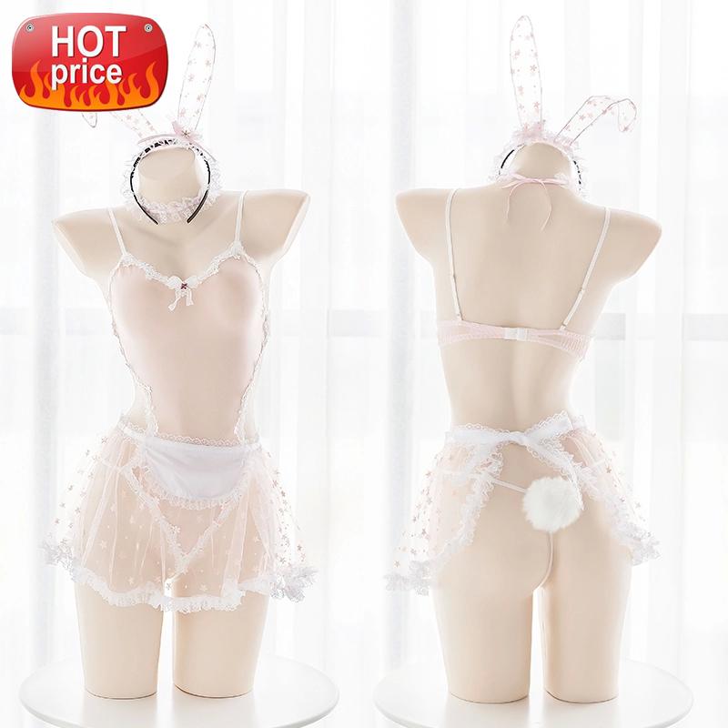 

Super Fairy Sexy Bunny Suit Anime Rabbit Cosplay Lingerie One Piece Perspective Bodysuit with Hearwear Maid Apron Cow Costume #JL6f, Black;white