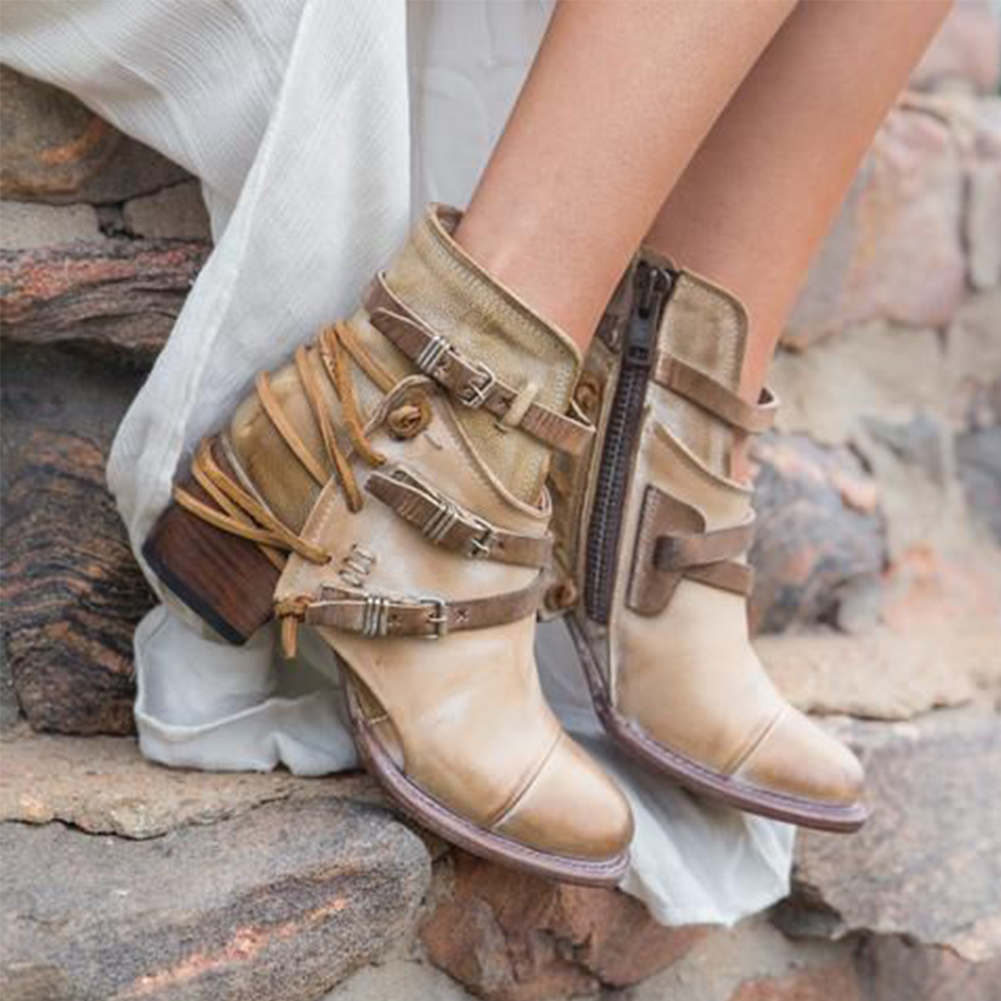 

Women Side Zipper Leather Boots Low Heel Retro Ankle Casual Autumn High Cut Vintage, Black