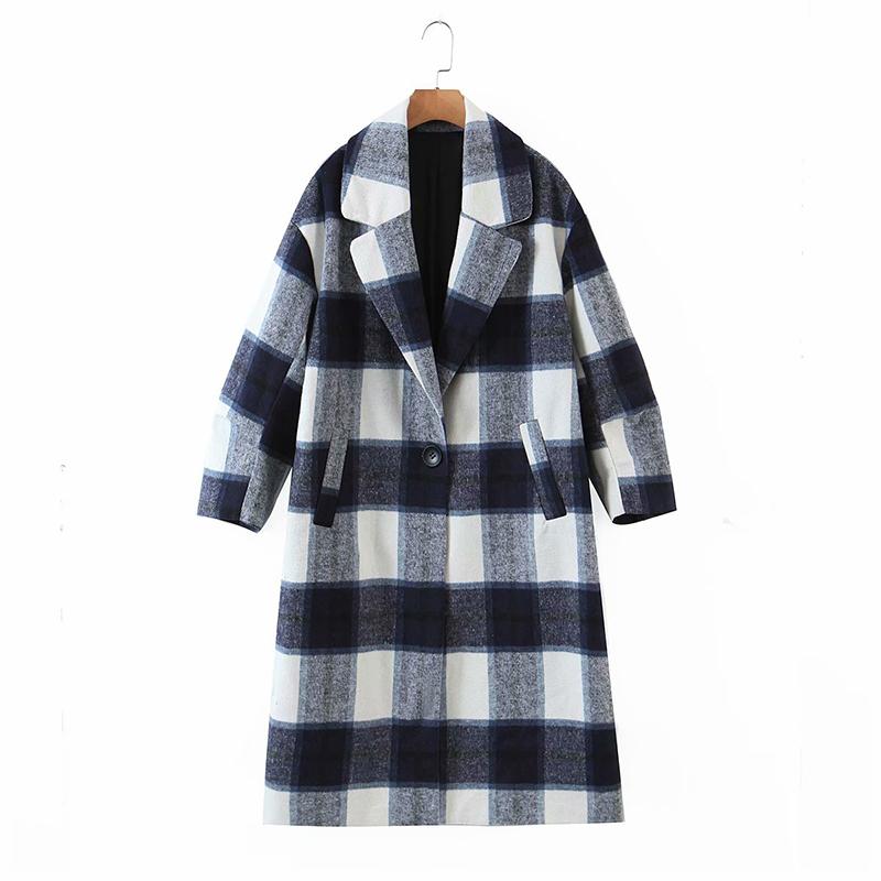 

New Women Winter Thick Coats Jacket Loose Long Sleeves Ladies Vintage Plaid Woolen Coat Elegant Female Overcoat Autumn Outerwear, Blue