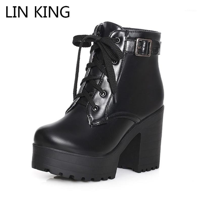 

LIN KING High Heels Women Winter Short Boots Warm Keep Round Toe Lace Up Ladies Botas Waterproof Motorcycle Boots Big Size Shoes1, Single style white