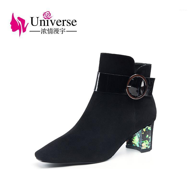 

Universe kid suede fashion ankle boots autumn winter black zip metal decoration round toe round high heels warm boots 2020 H2261