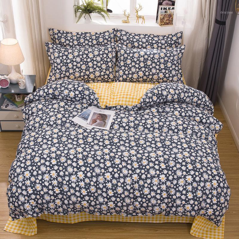 

Reactive printed Daisy bedding set king queen full single family size Quilt Cover Flat Sheet Pillow Cases AB side bed Linen1, A8
