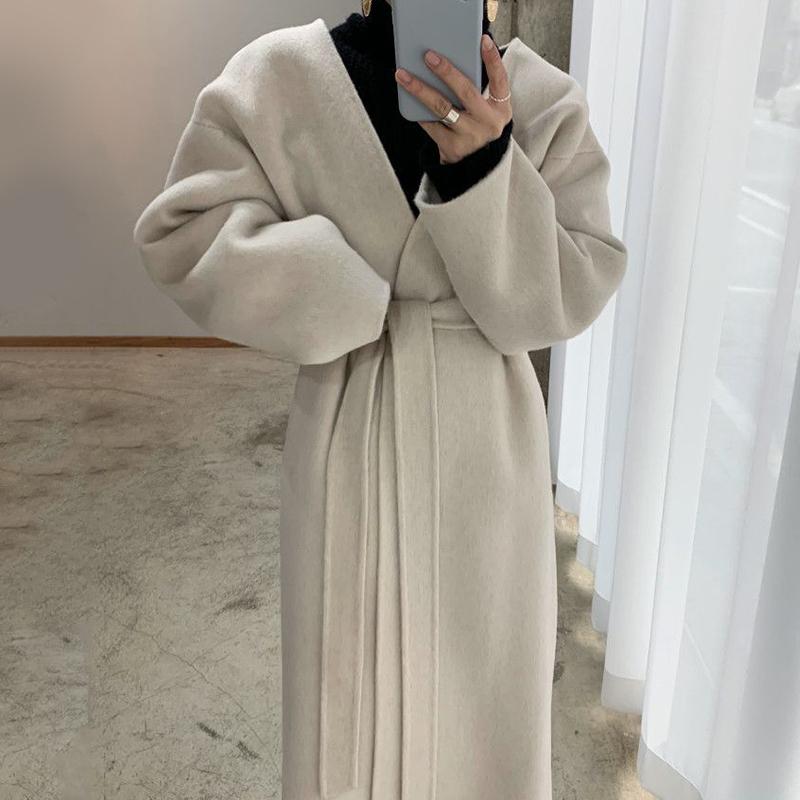 

EWQ]2020 Winter Over Knee Style casual Long-sleeved Solid Color Straight Minimalist Double Face Woolen Overcoat With Belt 8D802, Khaki